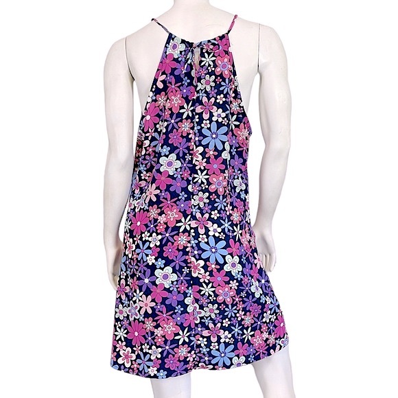 VINTAGE Y2K Mod Pink Purple Flower Power Print Drawstring Mini Dress - Picture 4 of 7
